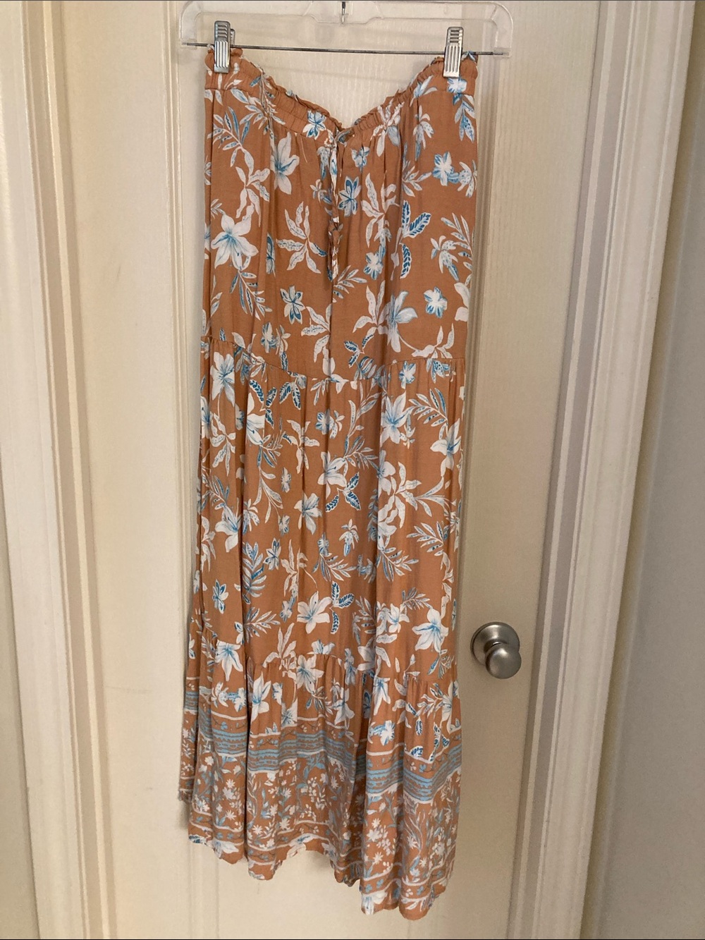 Boho Floral Maxi Skirt in Camel with White & Light Blue Print - Picture 4 of 14